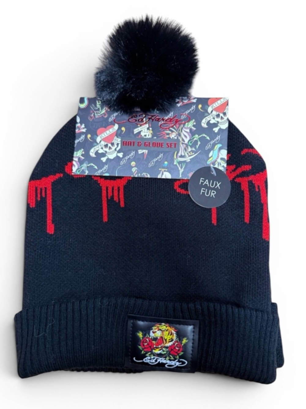 Ed Hardy Beanie Set 2 Black Drip Pom + Love Kills Slowly Hat NWT